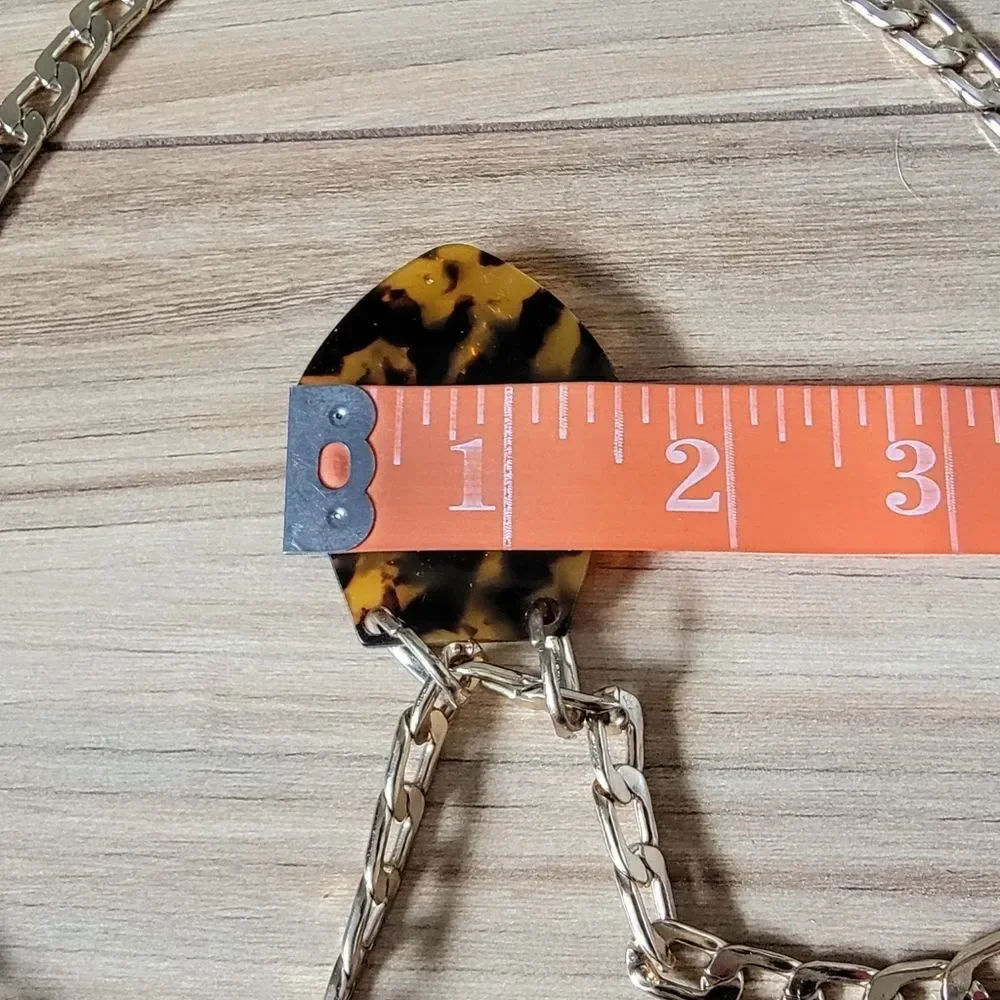 Tortoise Shell Acrylic Bejewled Curb Chain Pendant Necklace